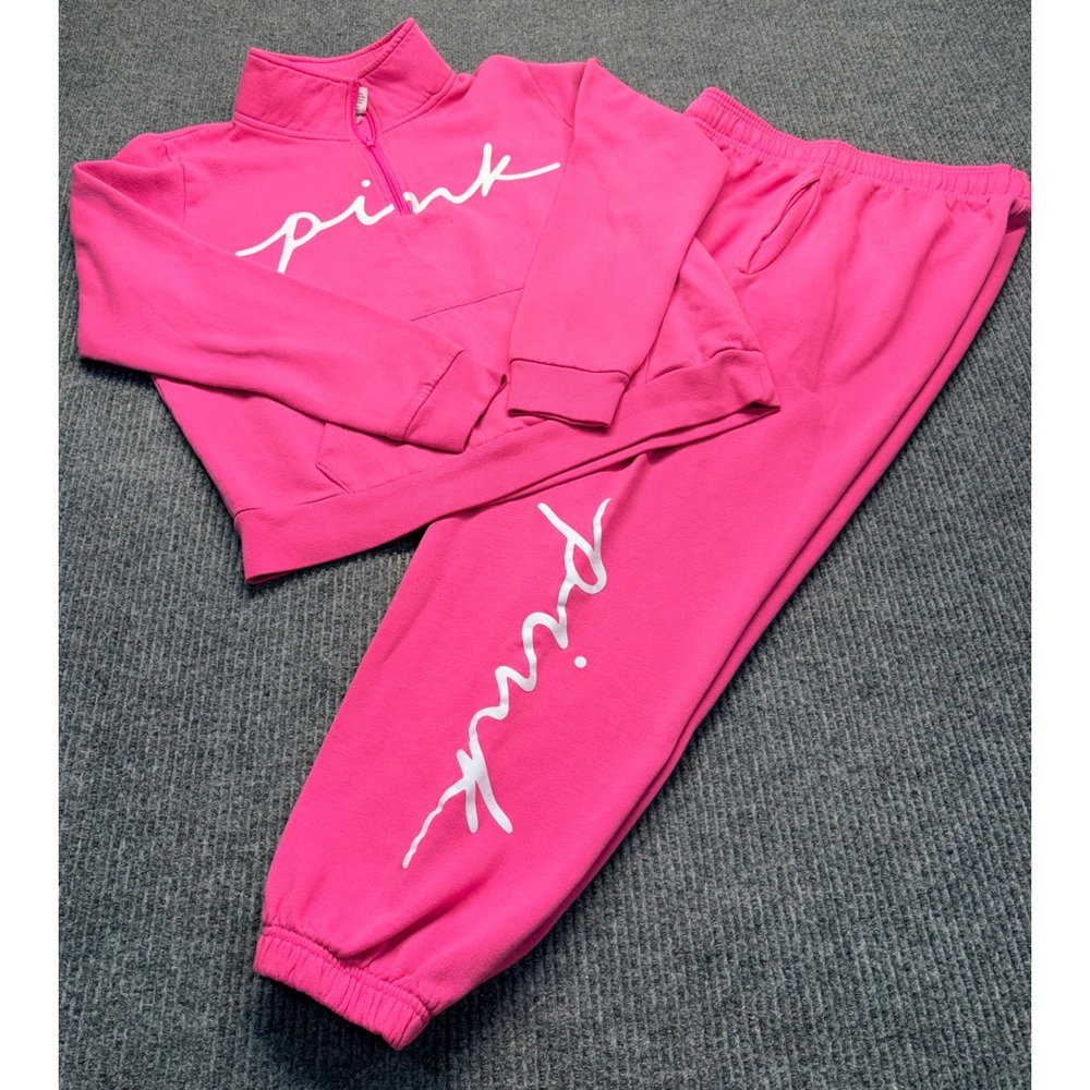Pink Victoria's Secret Hot Pink Logo Quarter Zip Sweatshirt & Joggers Set L/M